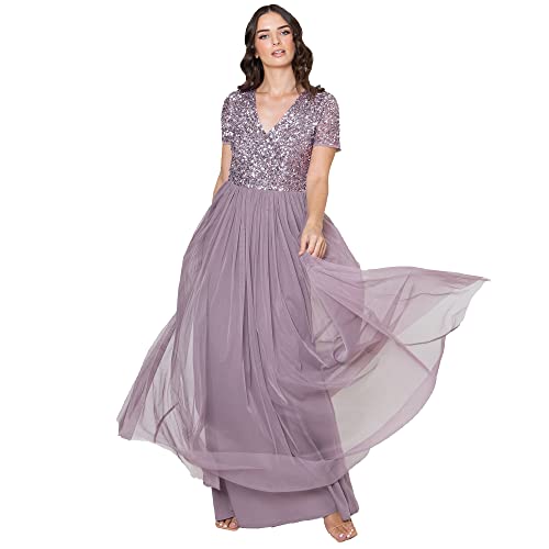 Maya Deluxe Women's Ladies Dress for Wedding Guest Plus Size Empire High Waist Sequins Short Sleeve Evening Bridesmaid, Moody Lilac, 20