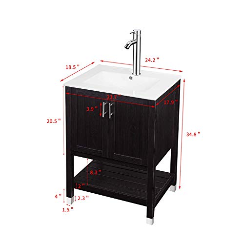 24" Modern MDF Bathroom Vanity And Sink Combo Stand Cabinet with Vanity Mirror,Vessel Sink with Faucet Hole and Pop Up Drain,Espresso Wood Vanity Units