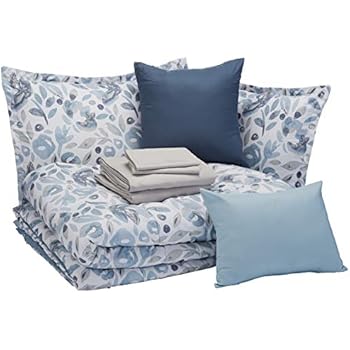 AmazonBasics 10-Piece Comfoter Bedding Set, Full / Queen, Blue Watercolor Floral, Microfiber, Ultra-Soft
