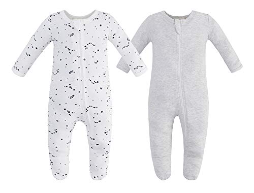 Owlivia Organic Cotton Baby Pajamas, Boys Girls 2-Pack Zip Front Sleep 'N Play, Footed Sleeper, Long Sleeve(3-6 Months, Gray Melange+Blue Star) - Thumbnail 7