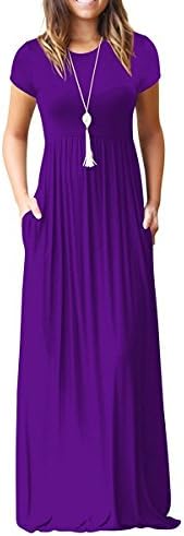 Kool Classic Women's Short Sleeve Loose Plain Casual Long Maxi Tunic Dress With Pockets Purple Small