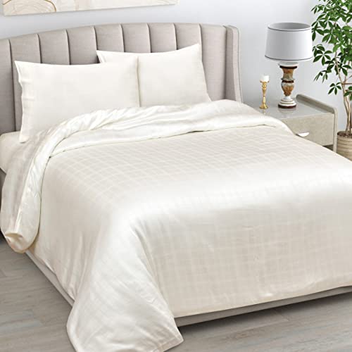 LINENWALAS 100% Bamboo Bedding Set for Single Size Bed Checks Pattern, Anti-Allergic Deep Pocket Bamboo Silk Sheet Set Breathable, Soft, Cooling Bed Sheet Set (Ivory, Single) โ image 1