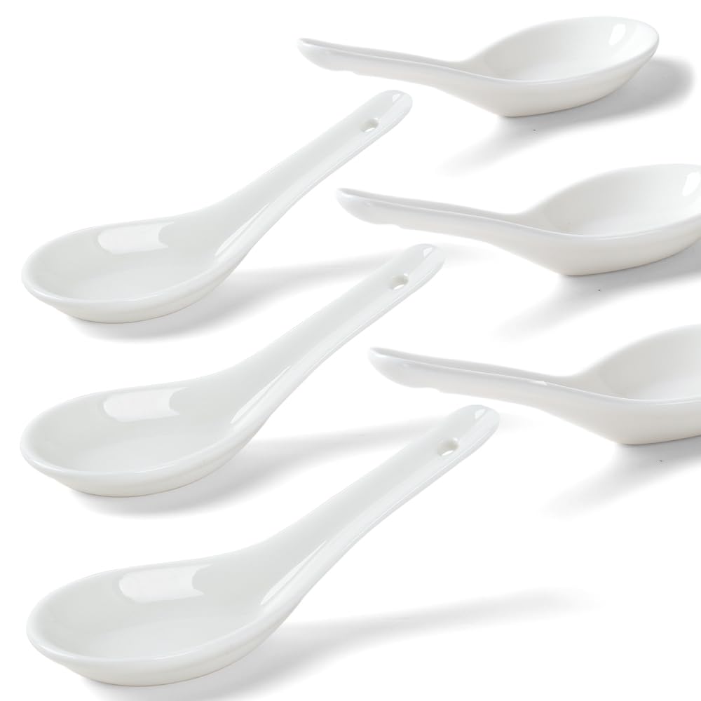 Photo 1 of Soup Spoons Set of 6, Asian Ceramic Soup Spoons 5.3" Ramen Spoons Proper for Corelle Pho Miso Wonton Ramen Dumpling Macaron Dishwasher & Oven Safe
