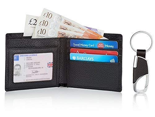 Roundhause Black Designer Slim Bi fold Mens Wallet Real Leather Credit Card Holder Organiser Paper Money Purse and Leather Key Holder Gift Box Set (Black) Present For Gents