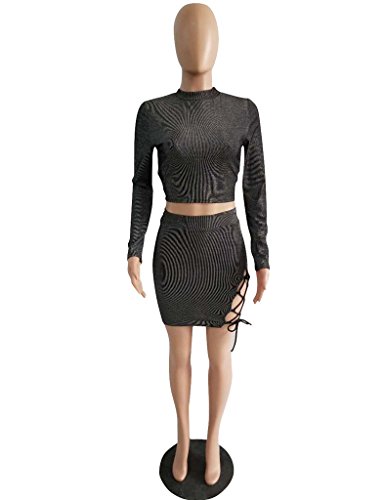 Halfword Womens Lace Up Bandage Bodycon Crop Top and Skirt Set 2 Piece Outfits Black M