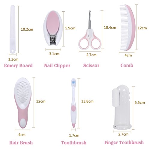 Baby Grooming Kit, 7pcs/Set Safe Hair Comb ToothBrush Nail Clipper Scissors Healthcare Daily Nurse Shower Tool Set with Carry Bag for Unisex Newborn Toddler Infant Girls and Boys Kids (Pink)