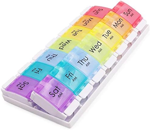 Weekly Pill Container, Pill Cases Organizers Twice a Day(a.m./p.m.), Large Push Button Medication Organizer(BPA Free) for Vitamin, Fish Oil and Other Supplements, Rainbow (14c), by Markurlife