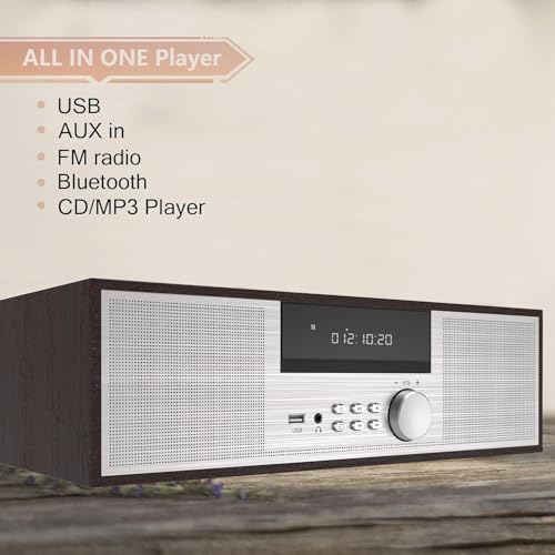 LONPOO Stereo Shelf System for Home, Vintage CD Player 40W RMS Micro Mini System with Remote Control, Bluetooth, FM Radio, USB MP3 Playback & Aux-in,Silver