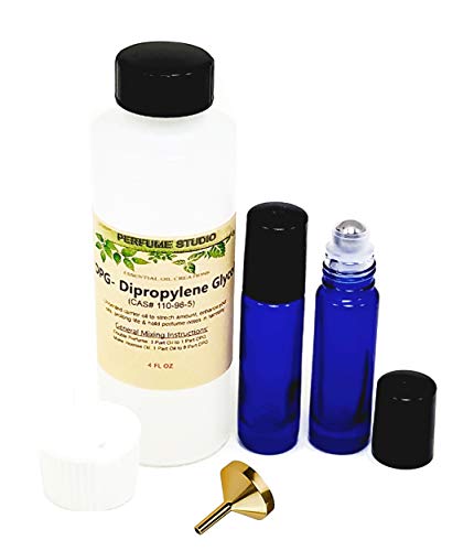 Fragrance Body Oil Making Kit to use with Perfume Studio Oils; 4.2oz DiPropylene Glycol (DPG) Perfume Carrier Oil Bottle, Two 7ml Empty Glass Roller Bottles & One Fragrance Funnel