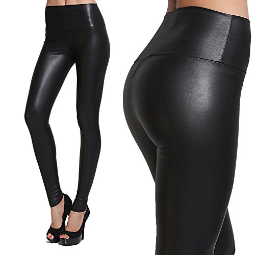 Tagoo Women Thick Slim High Waisted Faux Pu Leather Black Leggings (Medium)