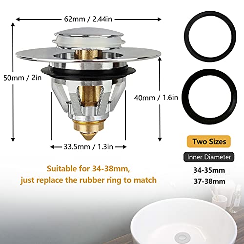 HSicily Pop Up Sink Plug Kitchen Sink Plug Strainer, Universal Stainless Steel Bullet Core Push Type Drain Filter, No Overflow Sink Stopper for Kitchen,Bathroom,Inner Diameter 34mm - 38mm
