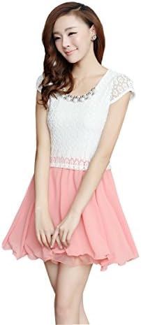 PTBAdress Women's Korean Pearl Chiffon Organza Lace Stitching Short-sleeved Summer Dress