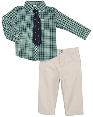 Baby Boys Green Plaid Shirt Tie and Khaki Pant Set