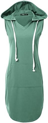 JayJay Casual Active V-Neck Pullover Lightweight Jersey Sleeveless Hoodie Midi Dress With Kangaroo Pocket,Cadetblue,2XL