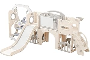 Lovgrils 12 in 1 Toddler Outdoor Playset with Swing, Indoor Swing and Slide Set Playground for Toddlers 1-3, Durable Climber Basketball Hoop Ball Toddler Indoor Playset for Home Playground-White Grey