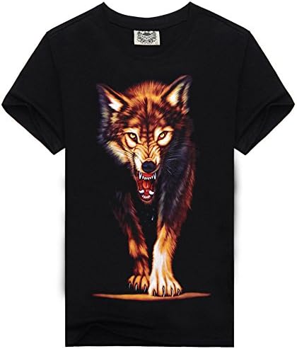 Casual Men's Tee Tops 3D Wolf Printed Crewneck Short Sleeve T-Shirt Black-M