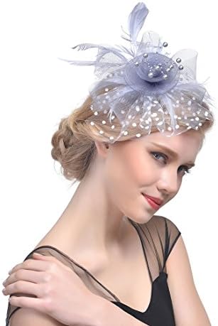 Fascinator Hat Feather Mesh Net Veil Party Hat Ascot Hats Flower Derby Hat with Clip and Hairband for Women