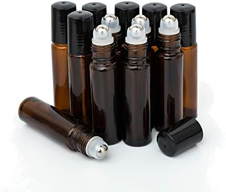 10ml Roller Bottles 12Pack Amber Thick Glass Essential Oil Roller Bottles Stainless Steel Roller Ball with 2 Droppers