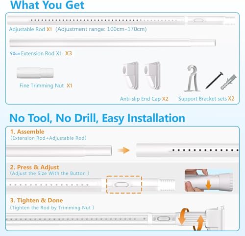 Dsocool Tension Curtain Rods No Drilling, Extra Long Tension Rod 100-440cm, Heavy Duty Shower Curtain Rod for Outdoor Patio Bathroom Windows Room Divider, Adjustable, Anti-Slip, No Rust