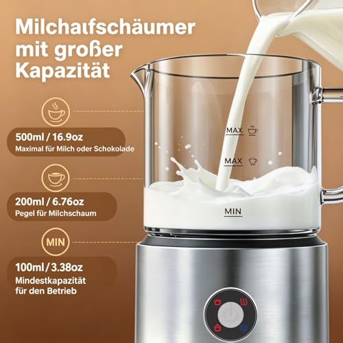 Electric Milk Frother 4 in 1, Milk Frother Induction 500 ml Cold Warm, Automatic, Dishwasher Safe, Removable Visual Glass for Coffee and Latte
