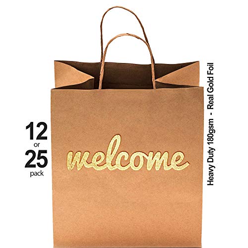 Welcome Wedding Gift Bags - 12 Pack - 180gsm High Quality Heavy Duty - Double Sided Gold Foil - 10.5