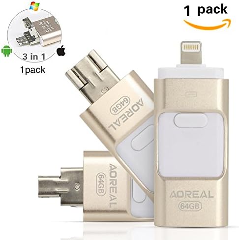 AOREAL 3 in Multi Functions Mobile USB iPhone Flash Drive External Storage Memory Stick with Lightning Connector, Compatible weth PC IOS Android system (Gold 64GB)