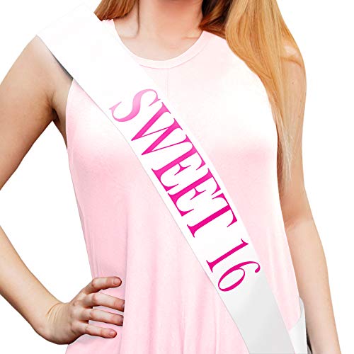 Sterling James Co. “Sweet 16” White and Pink Glitter Sash – 16th Birthday – Sweet Sixteen - Party Supplies, Ideas, Gifts and Decorations