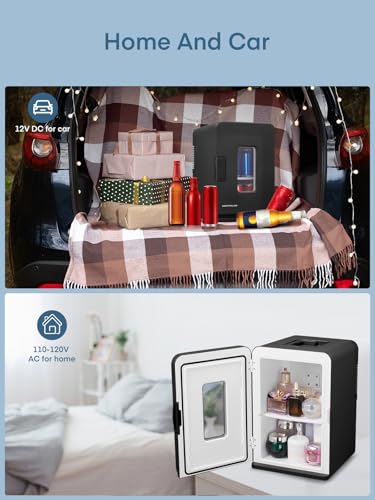 FOHERE 2-in-1 Mini Fridge, 15L Fridge for Room with Cooling and Heating Function, DC/AC for Cars, Offices and Dorm, Eco Low Noise Mode, for Cosmetics and Drinks, Black