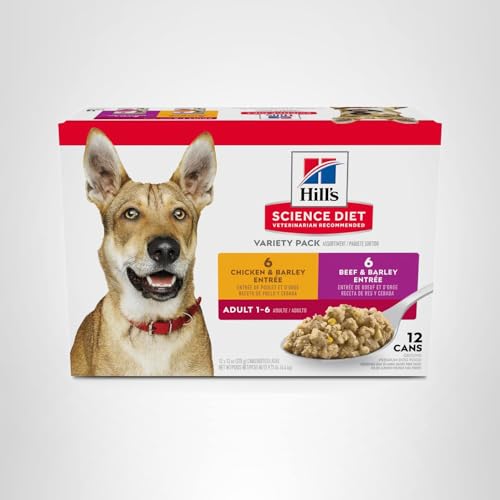 HILL’S SCIENCE DIET ADULT 1-6, ADULT 1-6 PREMIUM NUTRITION, WET DOG FOOD, VARIETY PACK: CHICKEN & BARLEY; BEEF & BARLEY LOAF, 13 OZ CAN VARIETY PACK, CASE OF 12