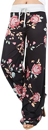 Women's Casual Loose Fit Layers Wide Leg Pants(Black and Small flowers,S)