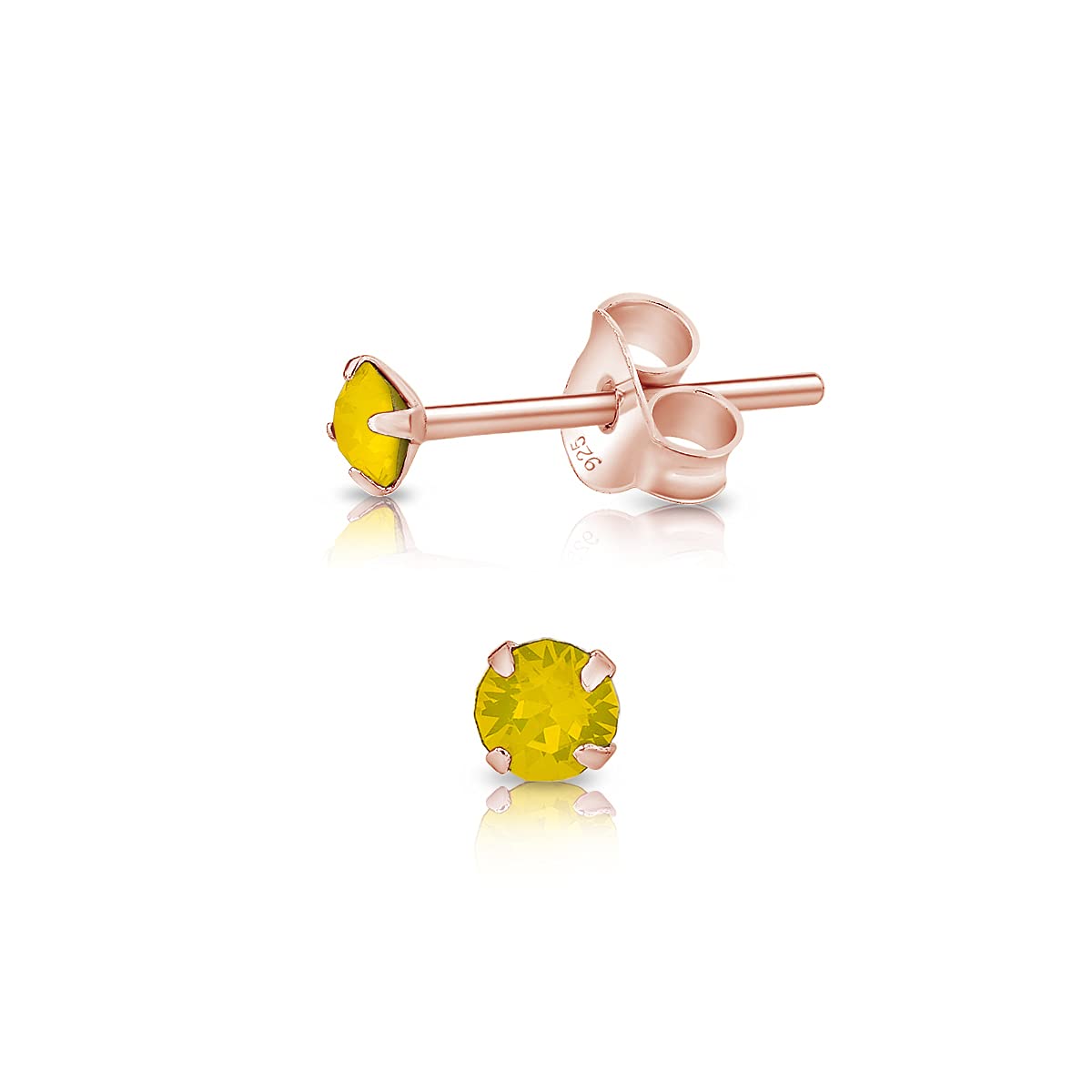 Small Solitaire Stud Earrings 925 Sterling Silver Rose Gold Plated 18K - Gold Crystal Studs 3 mm - Minimalist Sparkle Stud Earrings with Opal Crystal