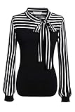 IN'VOLAND Plus Size Blouses for Women Tie-Bow Neck Striped Blouse Long Sleeve Shirt Splicing Office Work Shirts Tops Black