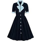 Women Short Sleeve Tie Neck Vintage Cocktail Party Dress Patchwork Buttons Down 1950s Audrey Hepburn Rockabilly Tea Prom Dress Casual Business Work Fit Flared A-Line Evening Dress Navy Blue-Tie M