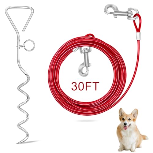Relux 30FT Outdoor Dog Leash for Yard Training, Running, Hiking, Camping, with Heavy Duty Dog Anchor Spiral Stake for Small to Medium Dogs (Red, 30FT) at Amazon