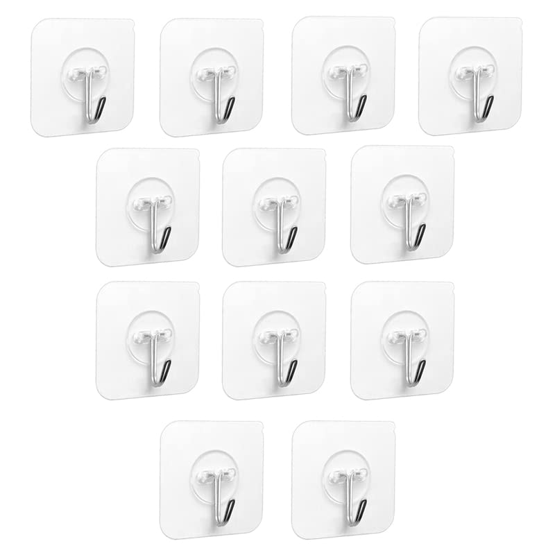PaiLeWei Clear Plastic Adhesive Hooks - 12 Pcs Self Adhesive Wall Hook 5Kg (Max) for Bathroom, Kitchen Utensils, Towel, Key and Plug — image 1