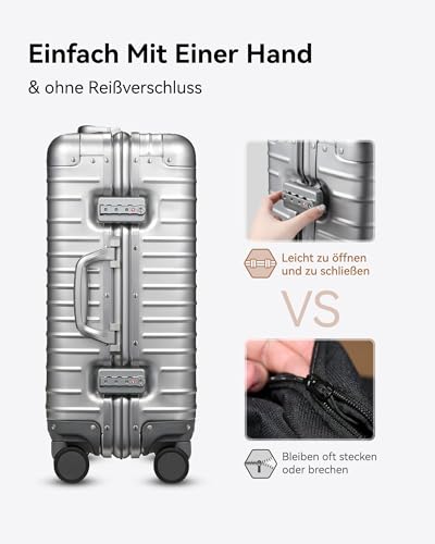 LUGGEX All Aluminium Suitcase, Hand Luggage, Aluminium Suitcase Trolleys without Zip, Sturdy Hard Shell Case with 4 Double Spinner Wheels, TSA Combination Lock (Silver, 55 x 38 x 23 cm, 40 L)