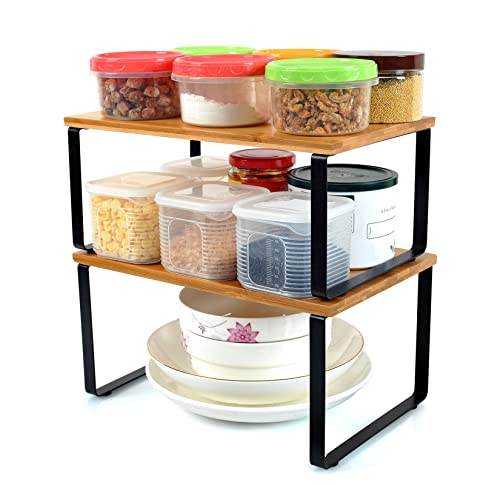 Ripiano salvaspazio Cucina stoviglie allungabile,Set da 2 ripiano in bambù,Portaspezie,Piatti Organizer-Nero