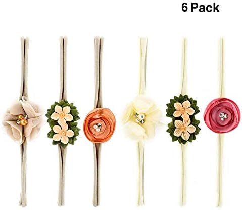 Ranpower 6 Pcs Baby Girl Headbands Cute Soft Elastic Nylon Hair Band Rubber Band with Hand Sewing Beads Flower Great Gift for Newborn Toddlers (Beige and Gray)