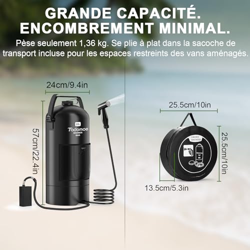 Tadomoe Douche Portable Électrique 20L avec 2000mAh Pompe - Douche Solaire de Camping Pliable avec Tuyau 2m & Sac de Rangement - Douche Extérieur pour Fourgon Aménagé, Plage, Chien et Randonnée