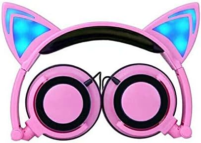 Wired Headphones Over-Ear Foldable Cat Ear Earphones with LED Light For Girls,Children.Compatible for Mp3 Mp4 player,iPhone 6S,Android Phone.(Pink)