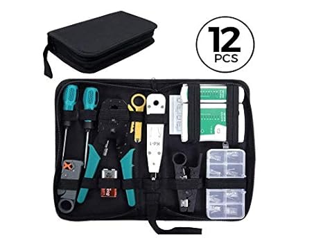 QLOUNI 12 in 1 Netzwerk Reparaturwerkzeuge, professionell Netzwerk Werkzeuge Set inkl. LAN Kabeltester, Anlegewerkzeuge, Abis
