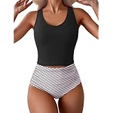Eomenie Two Piece Tankini Swimsuits for Women Tummy Control Bathing Suits Cutout Back Swim Tank Top with High Waisted Bottom