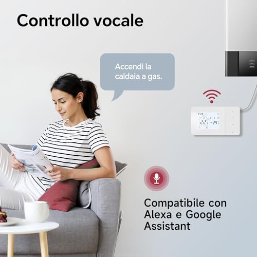 2 Wire Battery Operated Wi-Fi Thermostat Check for Gas Boiler Tuya Daily Programmable Thermostat Compatible with Google Alexa Voice Control W506 3A