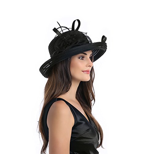 Dantiya Women's Organza Wide Brim Bowler Hat Kentucky Derby Church Dress Sun Hat (Black) - Thumbnail 2