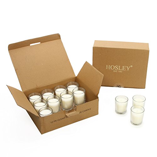 Hosley Pack of 48 Unscented Clear Glass Wax Filled Votive Candles, Up to 12 Hour Burn Time, Hand Poured Candle. Ideal Gift and Use for Weddings, Special Occasions, Aromatherapy, Spa, Meditation O1