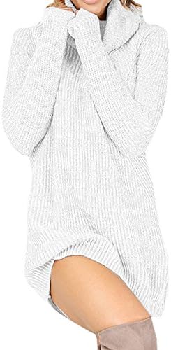 Women's Turtleneck Long Sleeve Casual Slim Fit Knit Pullover Sweater Dress (Medium, White)
