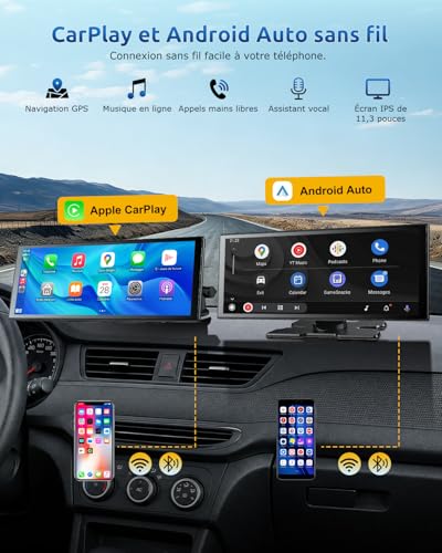 ESSGOO CarPlay Voiture, Supporte CarPlay sans Fil et Android Auto, Écran Tactile IPS 11,3 Pouces, Caméra Avant 4K et Caméra de Recul 1080P, Bluetooth 5.3, GPS, FM, AUX, Mirror Link