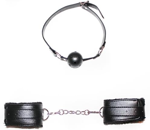 Plastic BALL GAG for the mouth for adult and FURRY CUFFS ,fluffy Wrist HANDCUFFS black leather set for sex, GIFT, Valentine's Day. the best offer discounts to earn your feedback