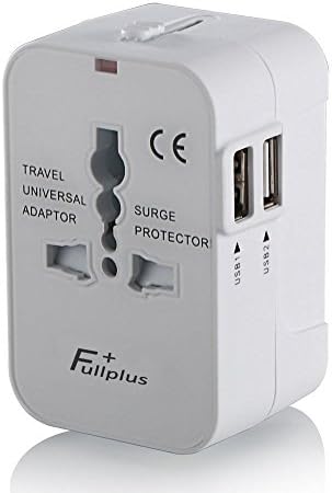 FullPlus Travel Adapter, Universal Travel Plug With Dual 2.5A USB Ports US To UK EU AU All In One Worldwide Travel Power Adapter Safety Fuse Protection Adaptor International AC Wall Charger (White)