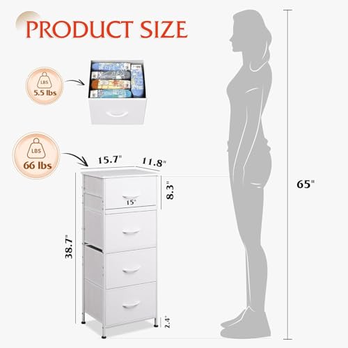 Storage Cabinet for Bedroom, Dresser with 4 Drawers, Fabric Clothes Storage Organizer Unit, Dresser for Hallway, Entryway, Closets, Sturdy Steel Frame, Wood Top, Easy Pull Handle (White)